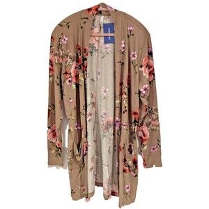 Piphany Colette Cardigan‎ SZ. XL (4) tan pink floral Longline Drapey Feminine